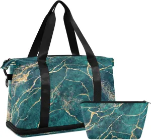 Oyihfvs Malachite Green Marble with Gold Glitter Veins, Fake Stone Texture Foldable Travel Bag, Camping Luggage bag, Portable Gym Bag, Sports Bag, Toiletry Bag with Handles Adjustable Shoulder Strap
