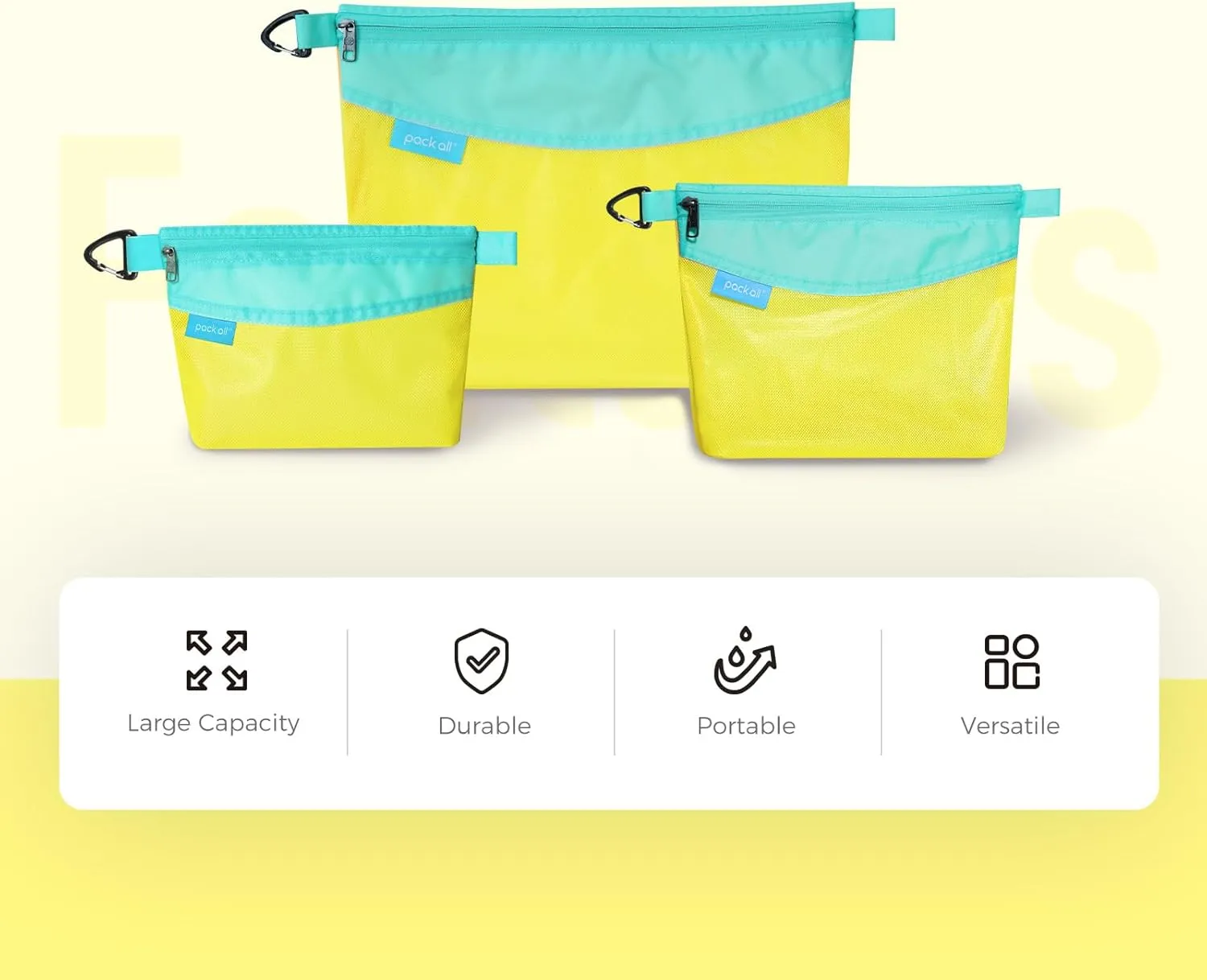 pack all 3 Pcs Water-Resistant Material Zipper Pouch Set, Mesh Zipper Bags for Storage, Travel, Office (Yellow)