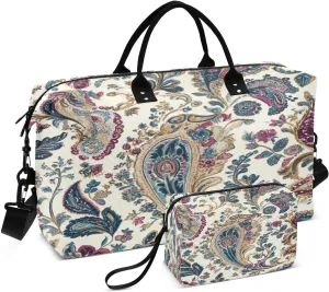 Paisley Floral Motif Ivory Sports Gym Bag for Women Men Travel Duffel Bag Weekend Overnight Carry on Bag with Toiletry Bag Workout Dance Bag for Plane Hospital Swimming Yoga Workout