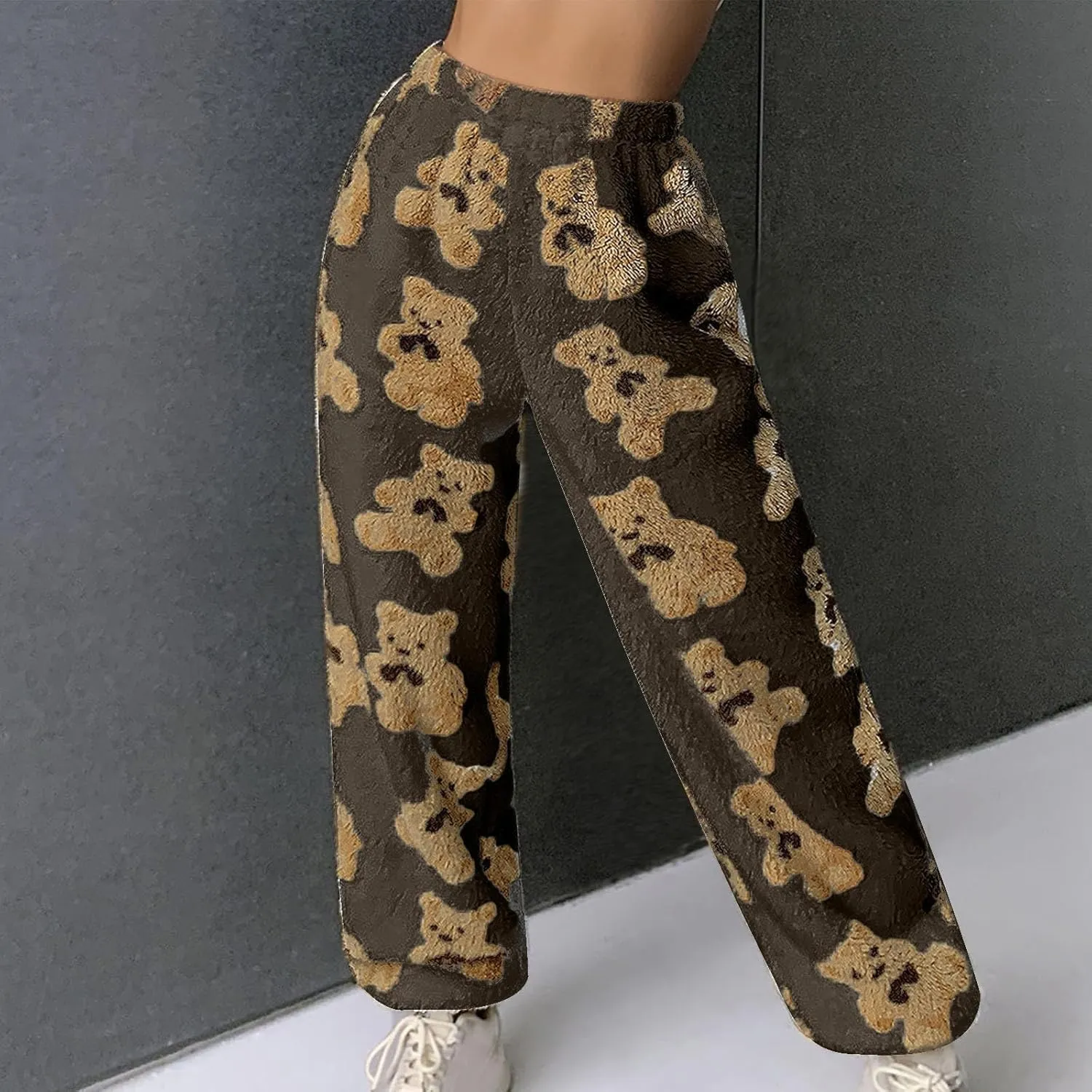 Pajama Pants for Women Cute Teddy Bear Print Sherpa Fleece Lined Pants Loose Fit Lounge Trousers Comfy Wide Leg Pants