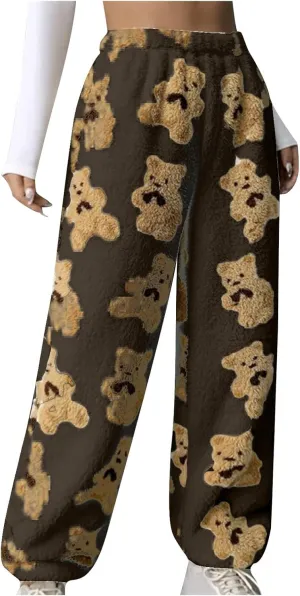 Pajama Pants for Women Cute Teddy Bear Print Sherpa Fleece Lined Pants Loose Fit Lounge Trousers Comfy Wide Leg Pants