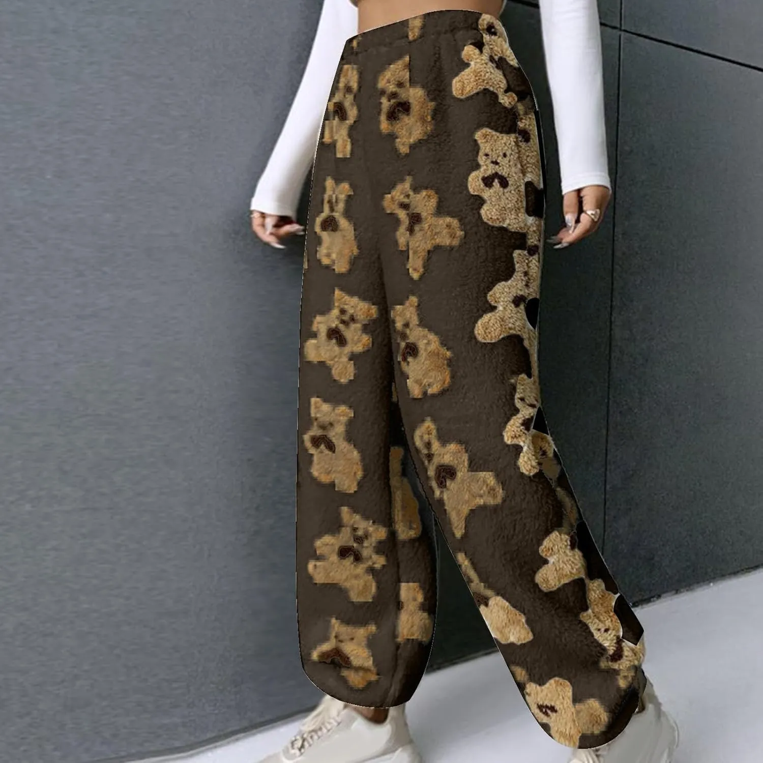 Pajama Pants for Women Cute Teddy Bear Print Sherpa Fleece Lined Pants Loose Fit Lounge Trousers Comfy Wide Leg Pants