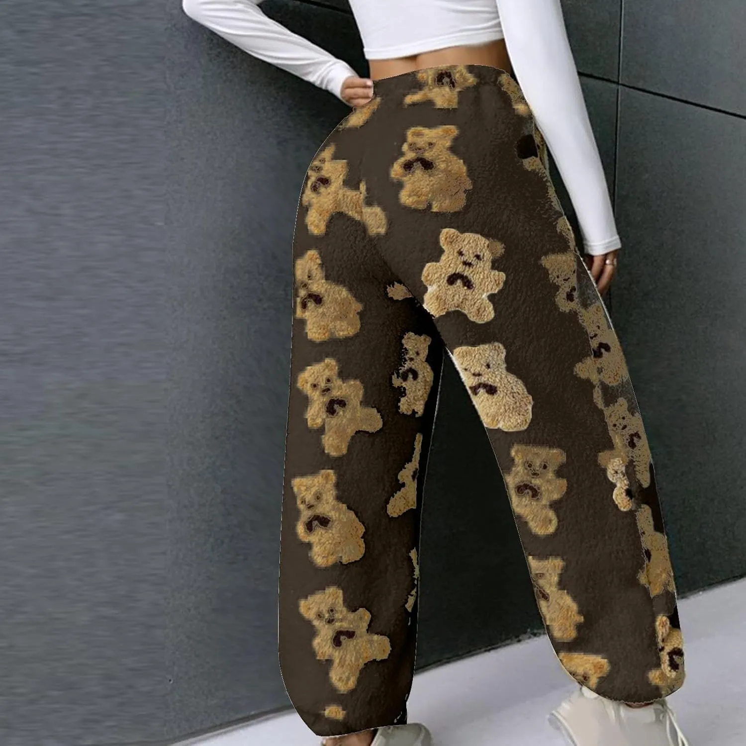 Pajama Pants for Women Cute Teddy Bear Print Sherpa Fleece Lined Pants Loose Fit Lounge Trousers Comfy Wide Leg Pants