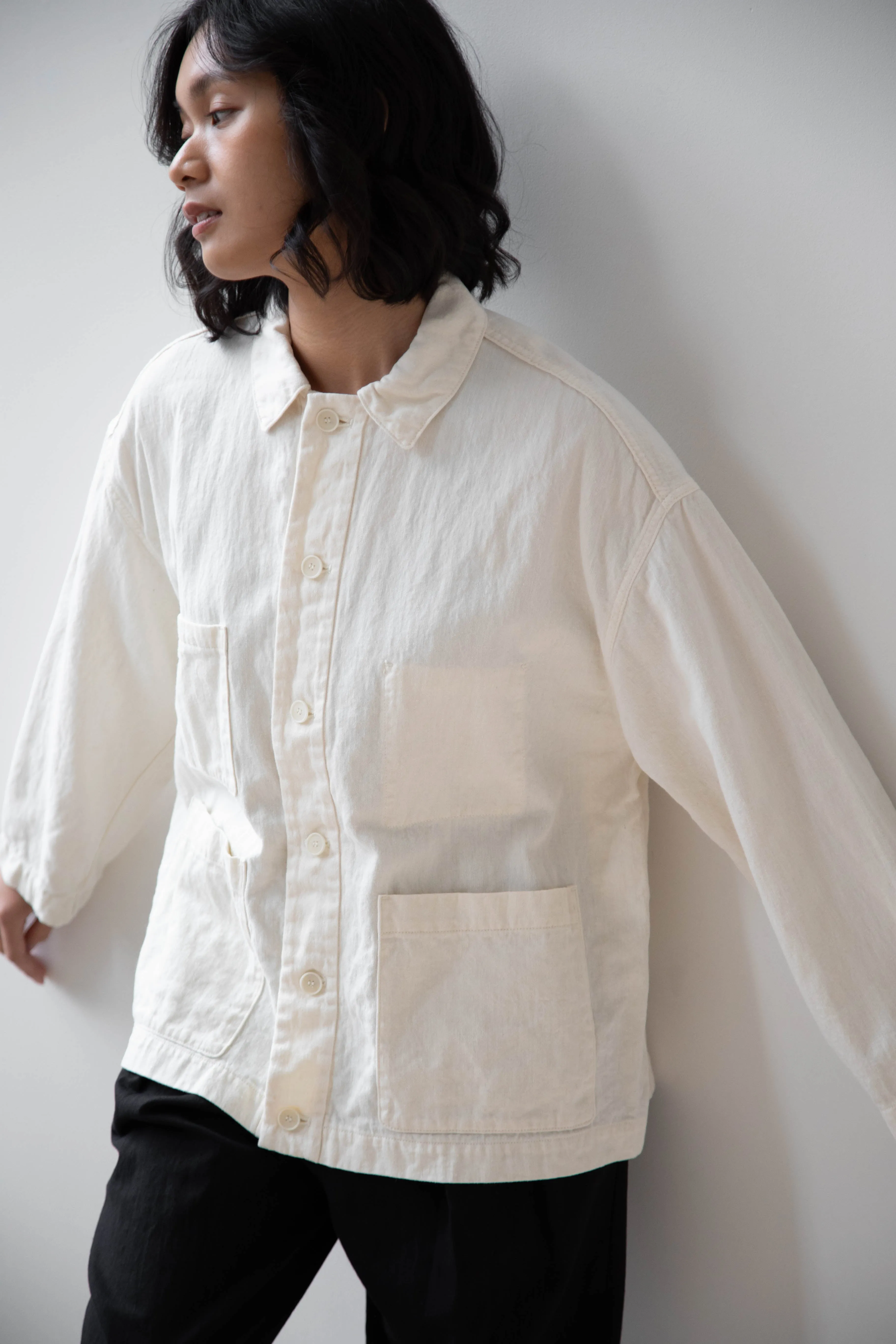 Pas de Calais | Cotton Linen Satin Coverall Jacket Natural