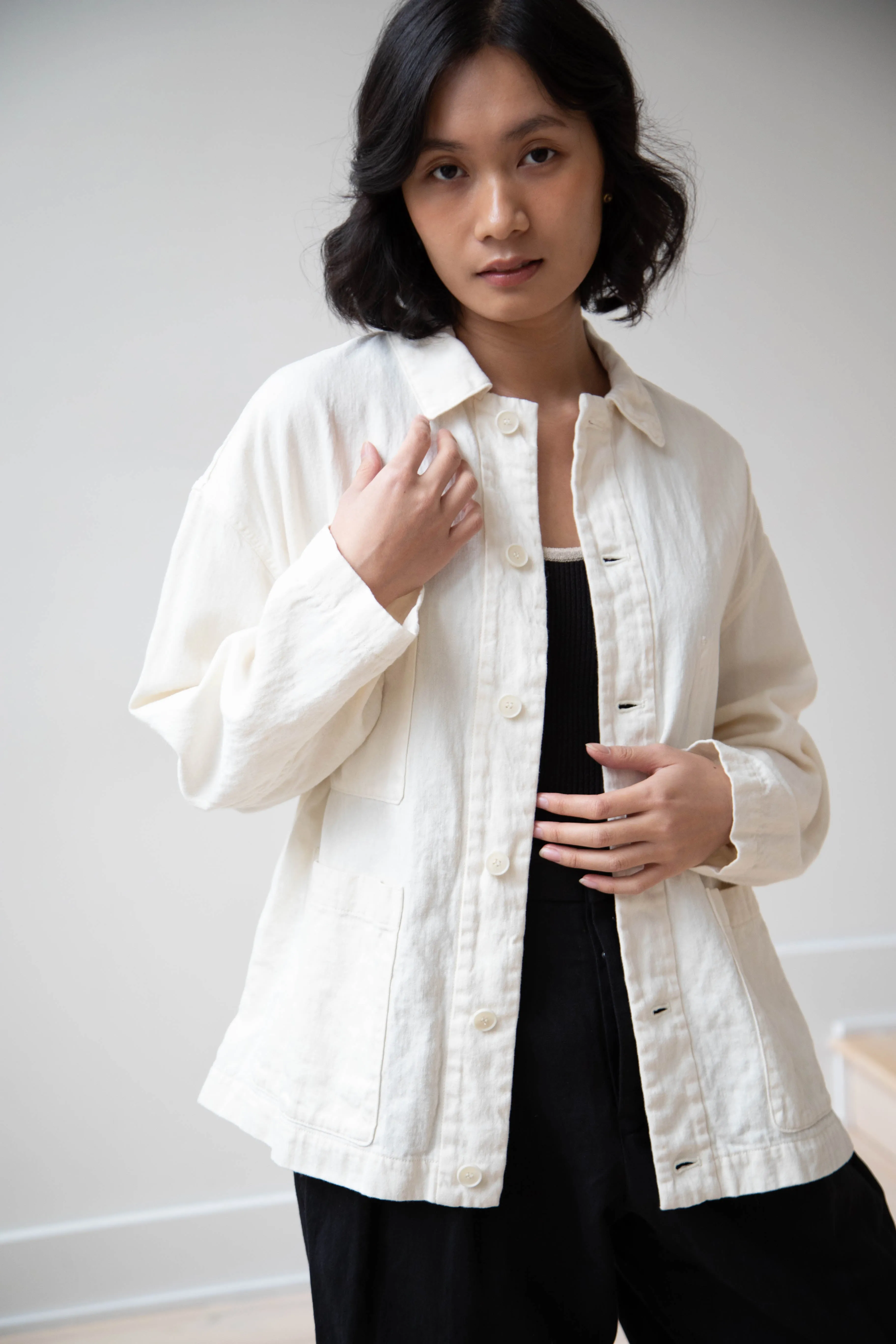 Pas de Calais | Cotton Linen Satin Coverall Jacket Natural