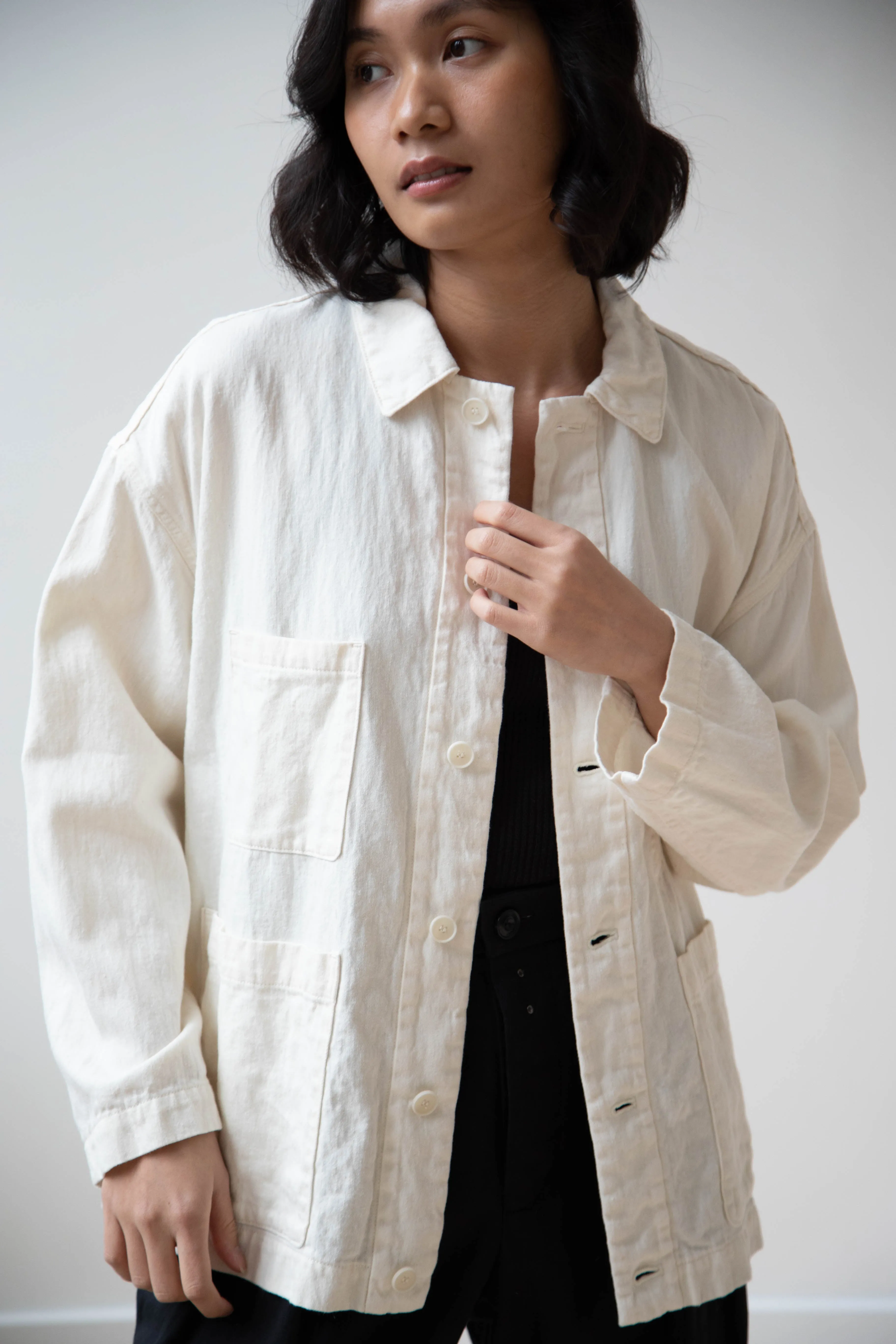 Pas de Calais | Cotton Linen Satin Coverall Jacket Natural