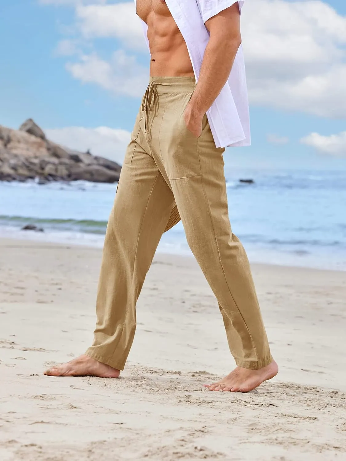 PASLTER Mens Casual Linen Pants Loose Fit Elastic Drawstring Waist Straight-Legs Summer Yoga Beach Long Pants
