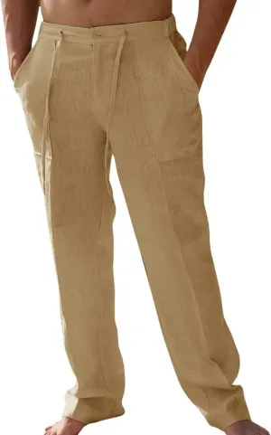 PASLTER Mens Casual Linen Pants Loose Fit Elastic Drawstring Waist Straight-Legs Summer Yoga Beach Long Pants