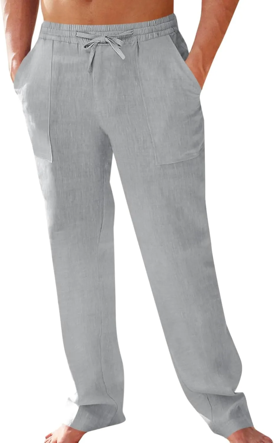 PASLTER Men's Cotton Linen Pants Elastic Waist Drawstring Casual Trouser Lightweight Straight-Legs Loose Beach Yoga Pants