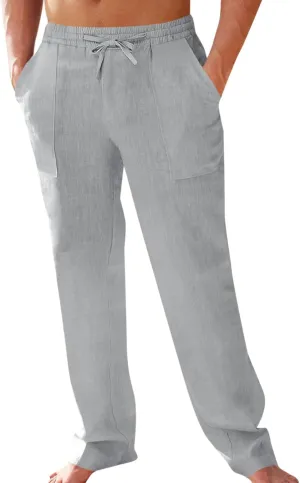 PASLTER Men's Cotton Linen Pants Elastic Waist Drawstring Casual Trouser Lightweight Straight-Legs Loose Beach Yoga Pants