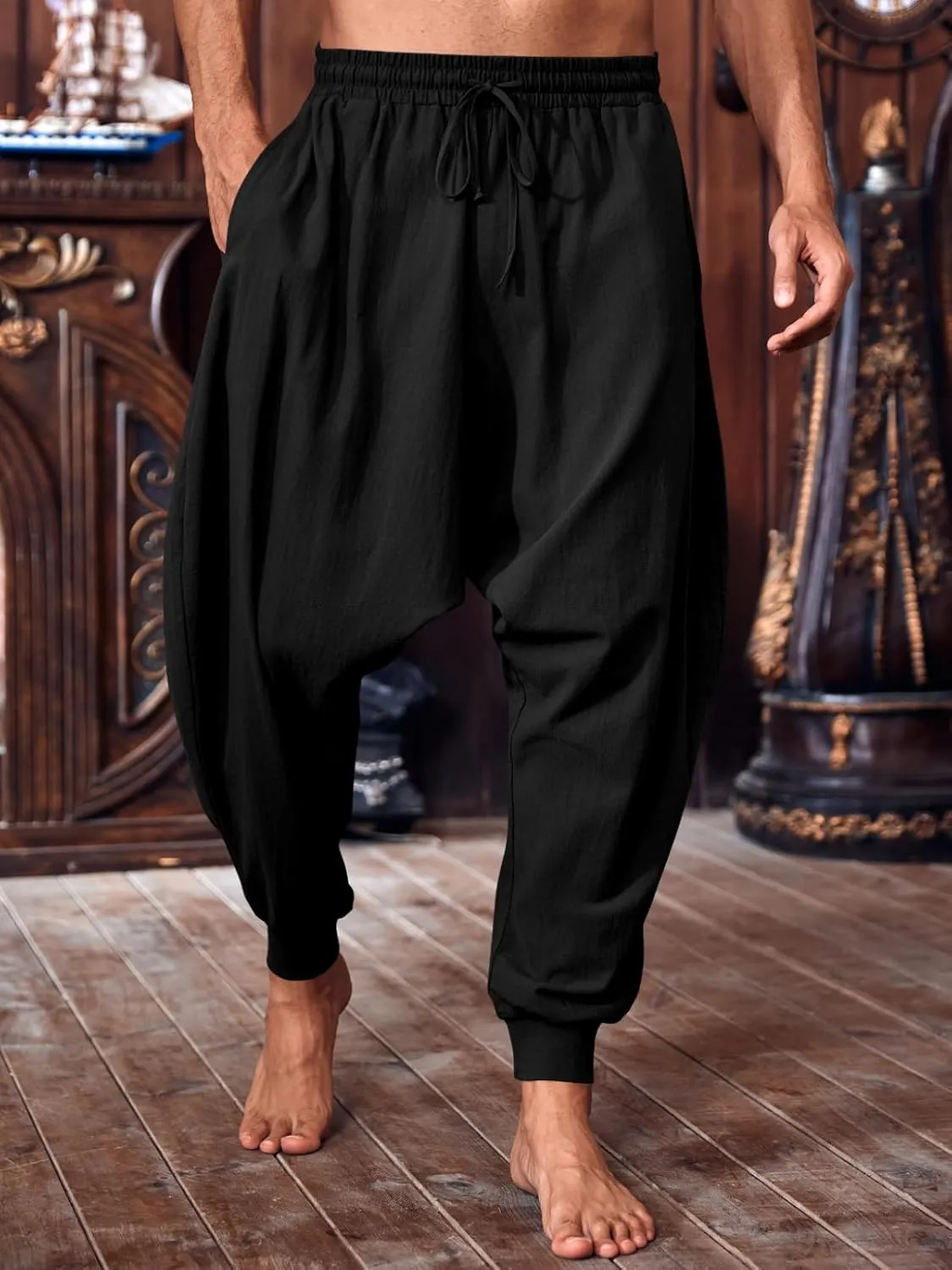 PASLTER Mens Pirate Pants Medieval Viking Costume Trousers Renaissance Halloween Baggy Harem Linen Pants