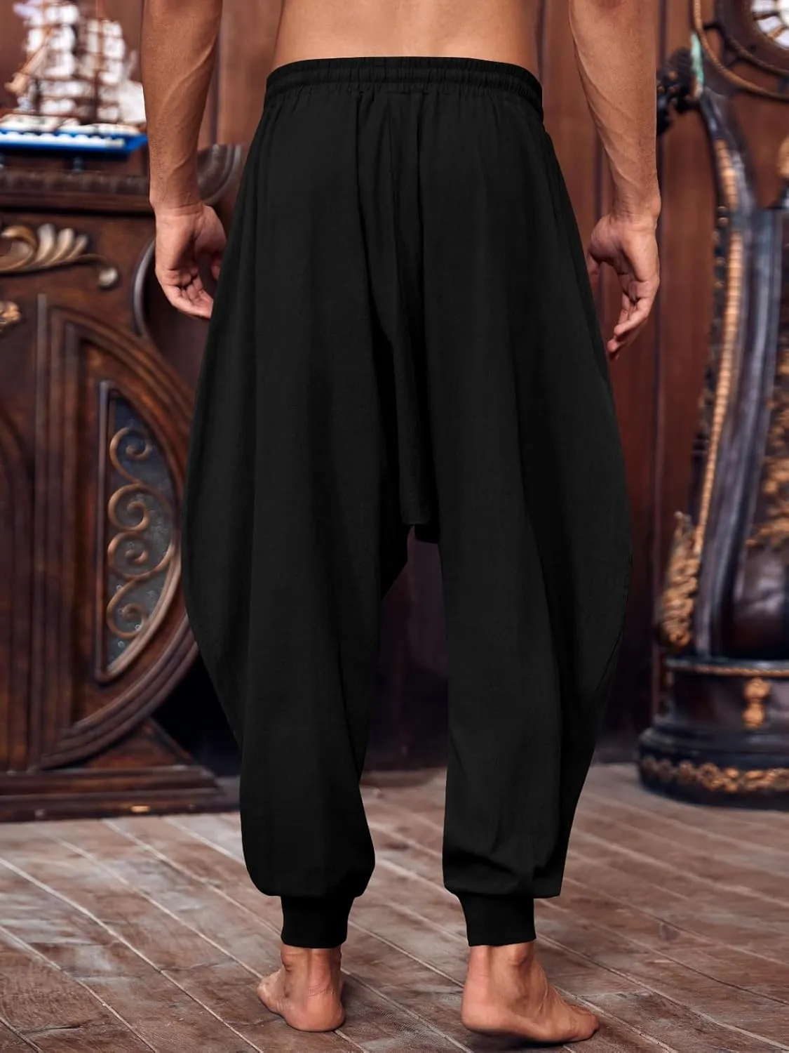 PASLTER Mens Pirate Pants Medieval Viking Costume Trousers Renaissance Halloween Baggy Harem Linen Pants