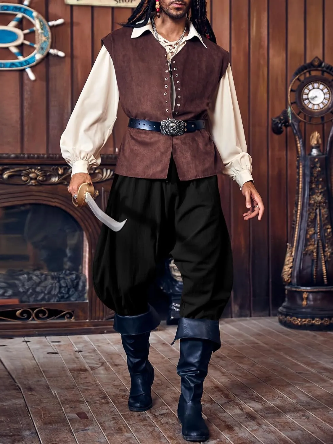 PASLTER Mens Pirate Pants Medieval Viking Costume Trousers Renaissance Halloween Baggy Harem Linen Pants