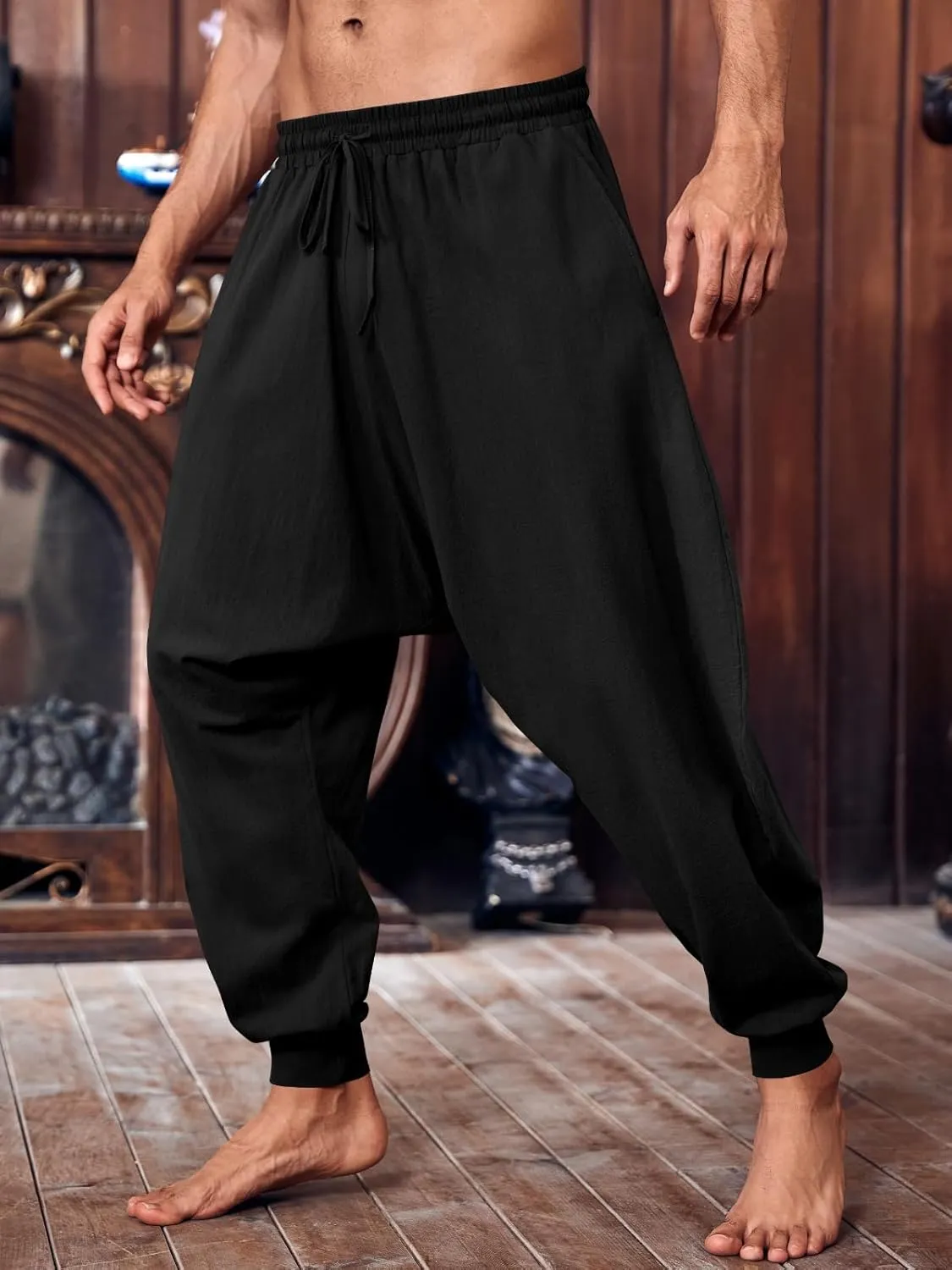 PASLTER Mens Pirate Pants Medieval Viking Costume Trousers Renaissance Halloween Baggy Harem Linen Pants