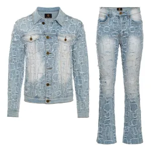 Patchwork Distressed Denim Jacket   Jeans SET - LIGHT BLUE