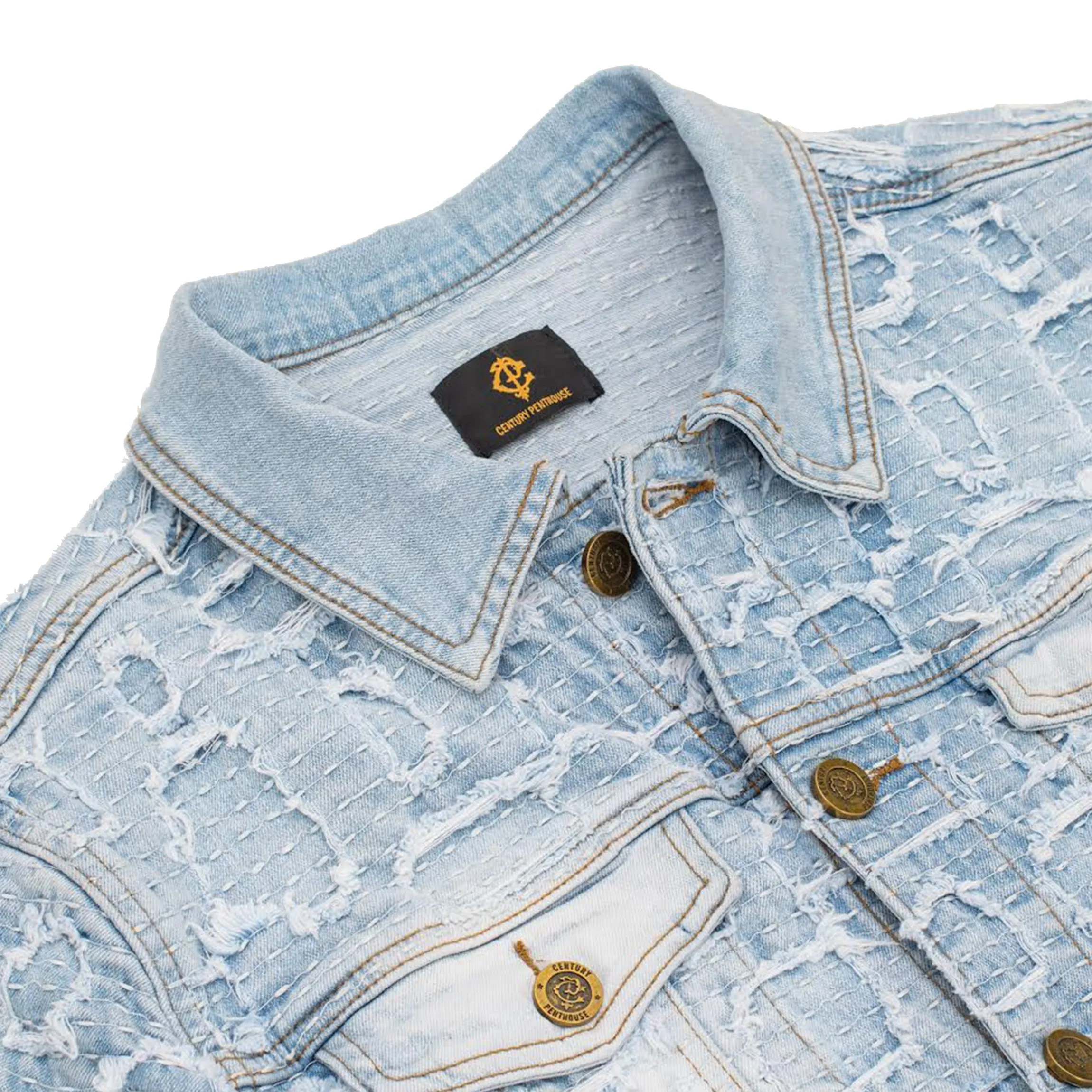 Patchwork Distressed Denim Jacket   Jeans SET - LIGHT BLUE