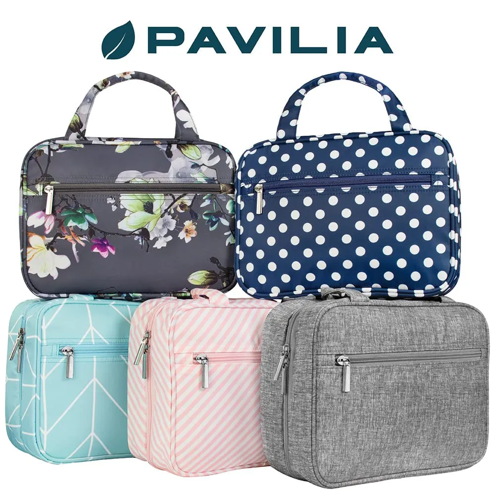 PAVILIA Hanging Toiletry Bag Travel Bag Women Men, Foldable Cosmetic Organizer, Roll up Makeup Bag, Water Resistant Accessories Toiletries, Large Travel Essentials Kit (Grey Floral)