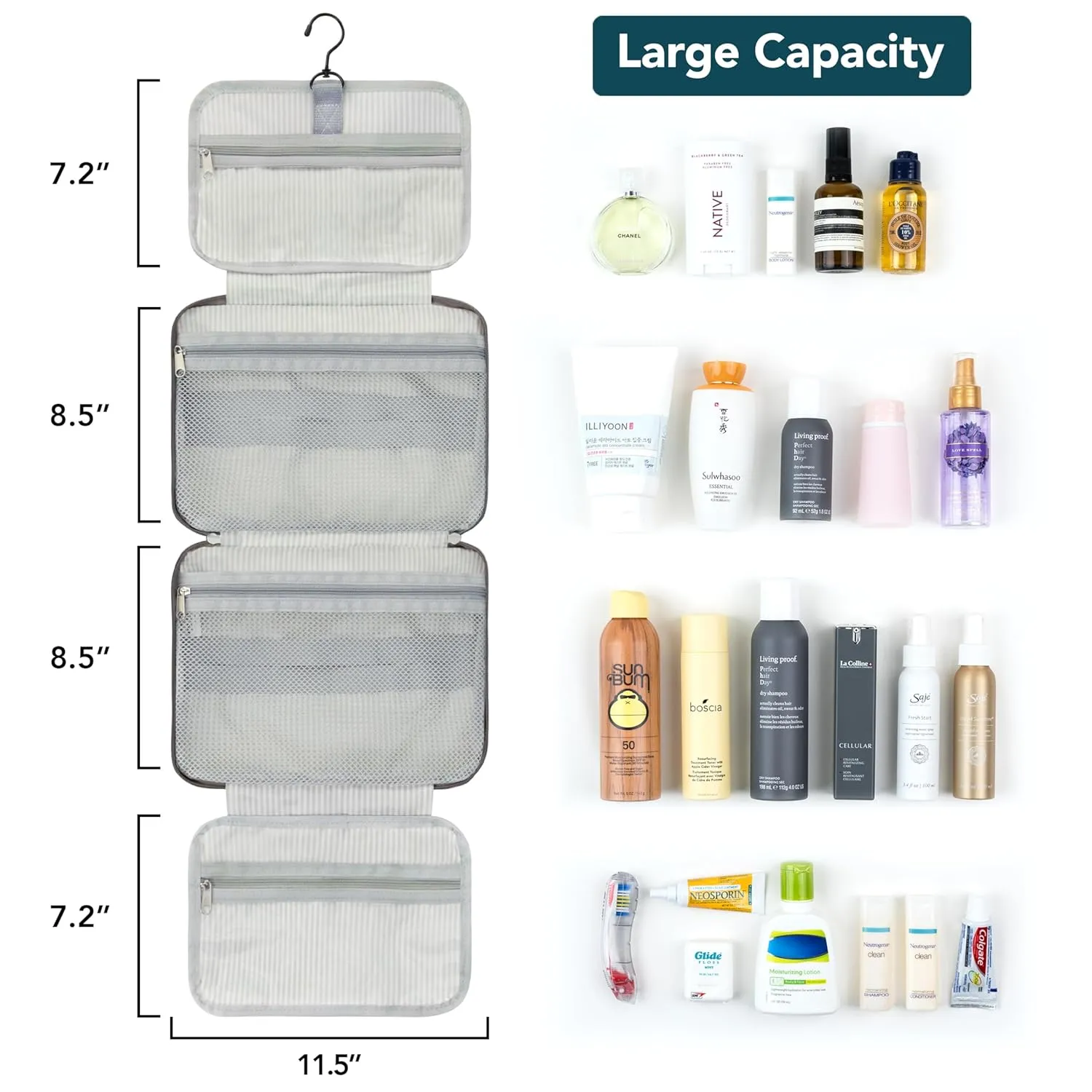 PAVILIA Hanging Toiletry Bag Travel Bag Women Men, Foldable Cosmetic Organizer, Roll up Makeup Bag, Water Resistant Accessories Toiletries, Large Travel Essentials Kit (Grey Floral)