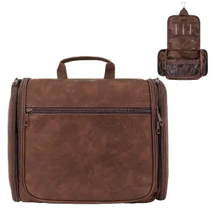 PAVILIA Large Hanging Toiletry Bag Travel Bag Women Men, PU Leather Cosmetic Organizer, Water Resistant Makeup Bag Accessories Toiletries, Travel Essentials Kit, Brown