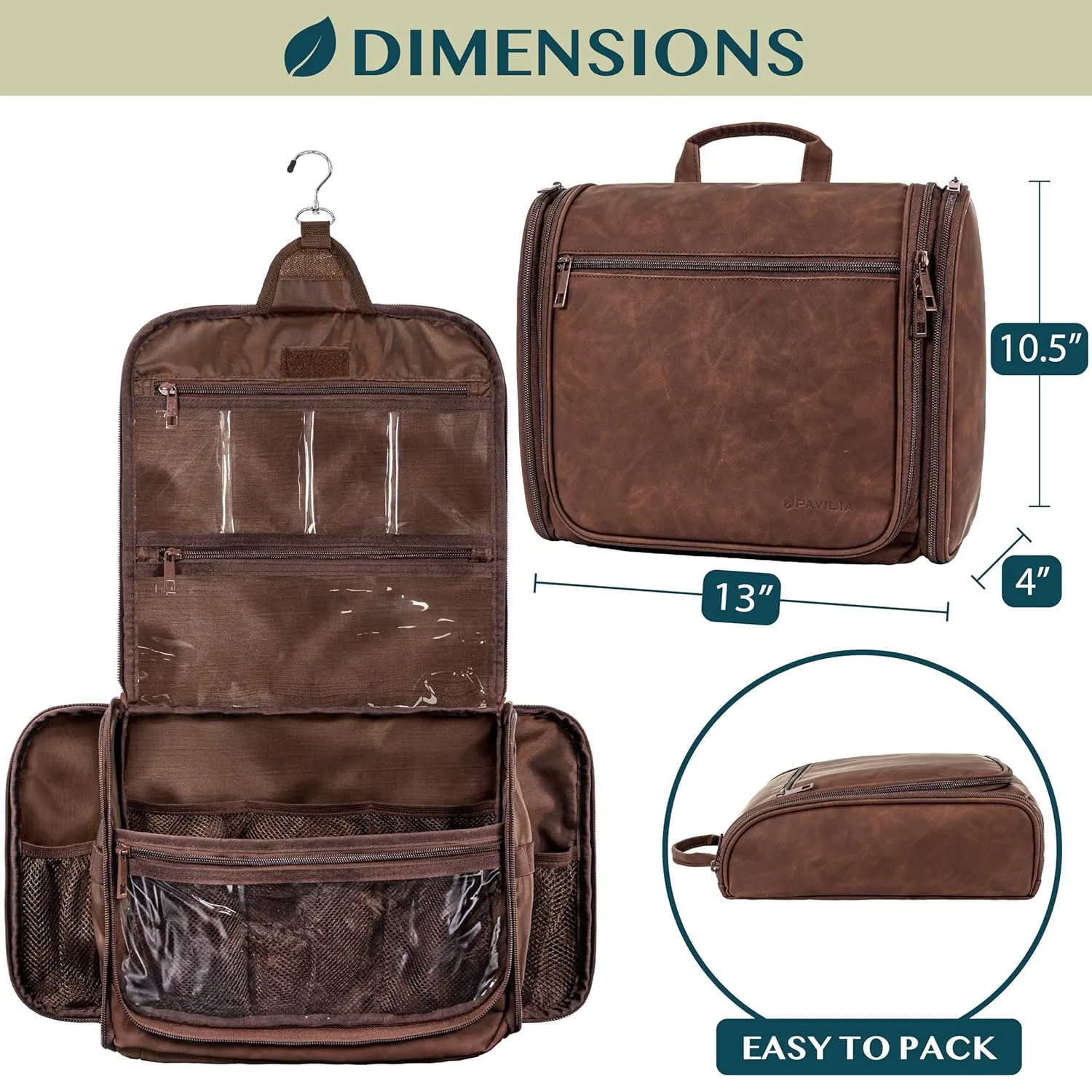 PAVILIA Large Hanging Toiletry Bag Travel Bag Women Men, PU Leather Cosmetic Organizer, Water Resistant Makeup Bag Accessories Toiletries, Travel Essentials Kit, Brown