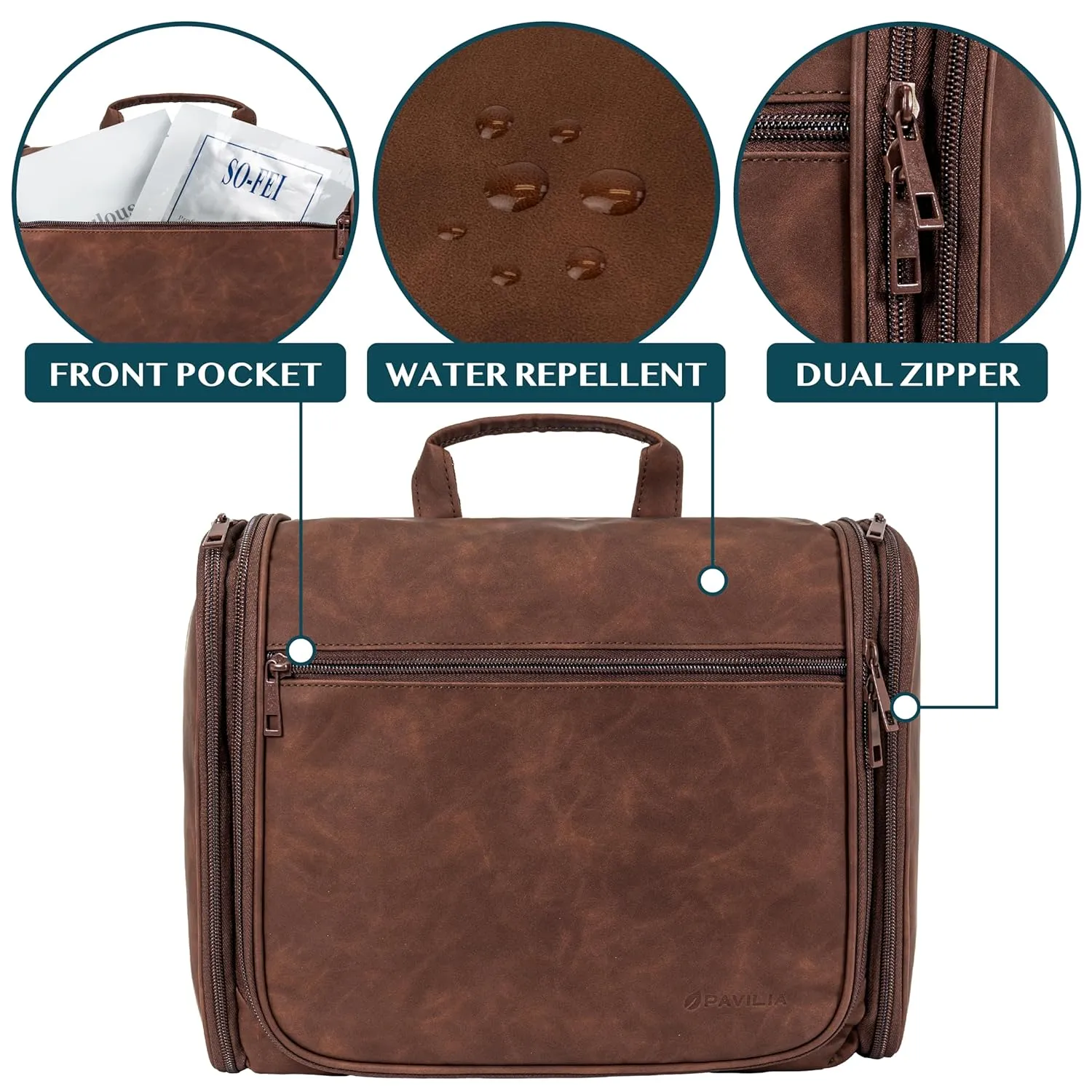 PAVILIA Large Hanging Toiletry Bag Travel Bag Women Men, PU Leather Cosmetic Organizer, Water Resistant Makeup Bag Accessories Toiletries, Travel Essentials Kit, Brown