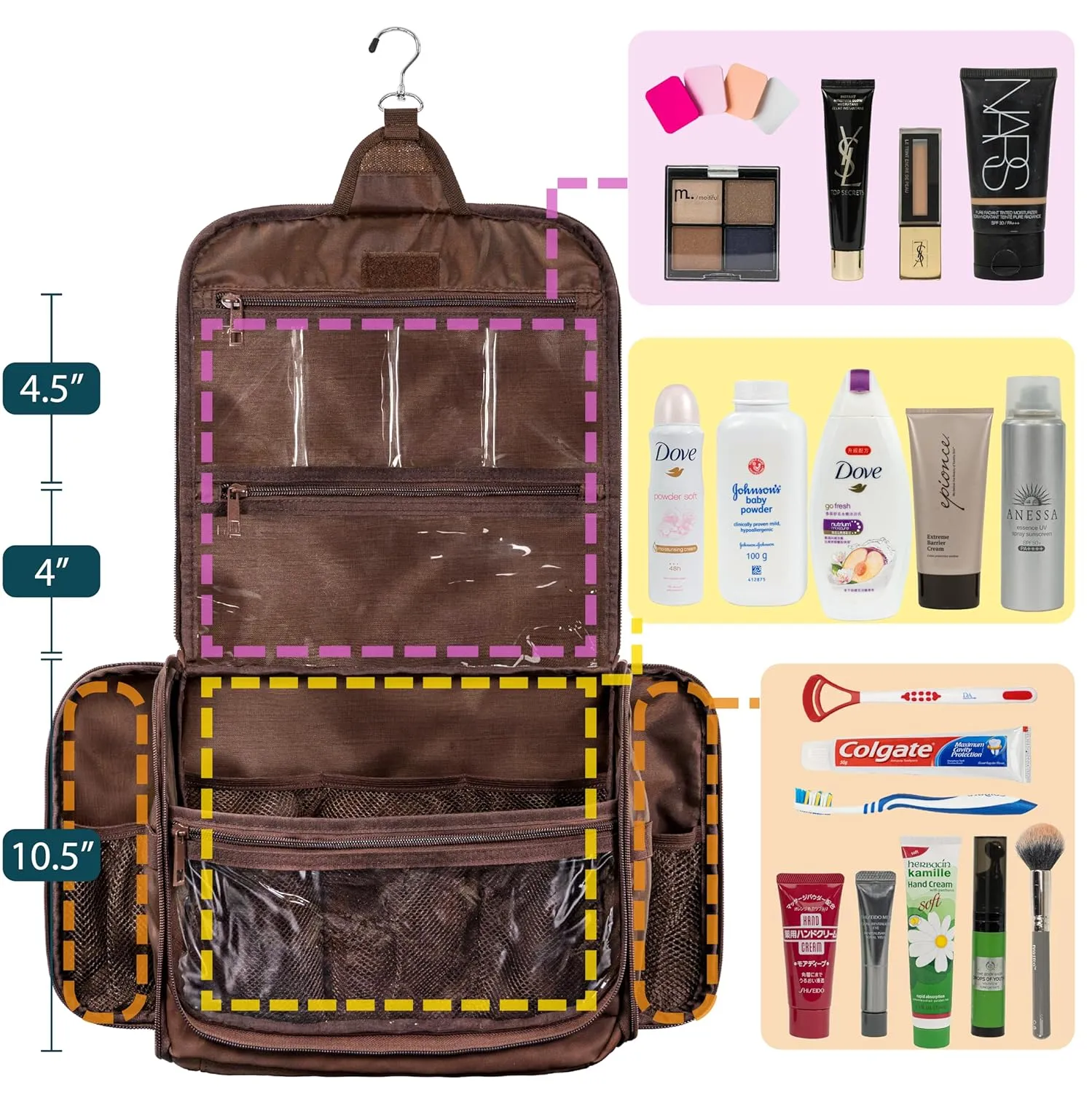 PAVILIA Large Hanging Toiletry Bag Travel Bag Women Men, PU Leather Cosmetic Organizer, Water Resistant Makeup Bag Accessories Toiletries, Travel Essentials Kit, Brown
