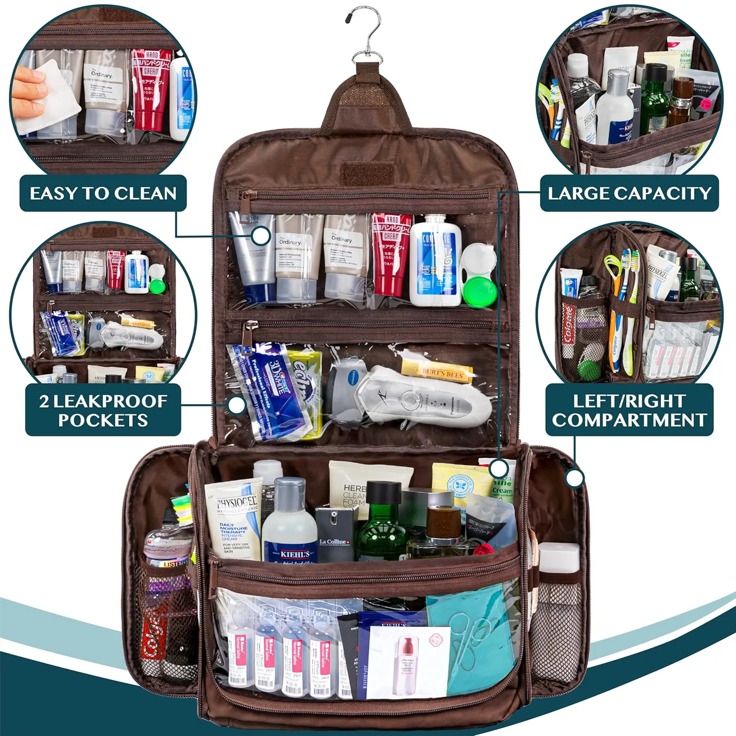 PAVILIA Large Hanging Toiletry Bag Travel Bag Women Men, PU Leather Cosmetic Organizer, Water Resistant Makeup Bag Accessories Toiletries, Travel Essentials Kit, Brown