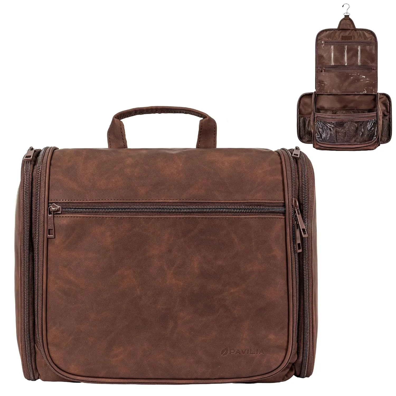 PAVILIA Large Hanging Toiletry Bag Travel Bag Women Men, PU Leather Cosmetic Organizer, Water Resistant Makeup Bag Accessories Toiletries, Travel Essentials Kit, Brown
