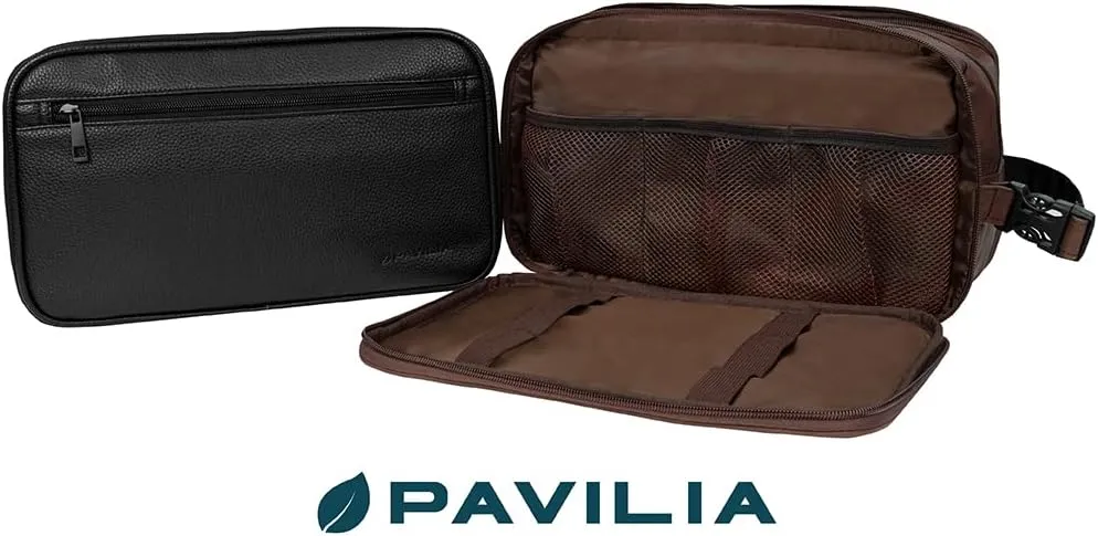 PAVILIA Toiletry Bag for Men, Travel Toiletries Bag | Water-resistant Dopp Kit, PU Leather Shaving Pouch Organizer for Accessories, Cosmetic, Hygiene, Grooming Essentials (Black)