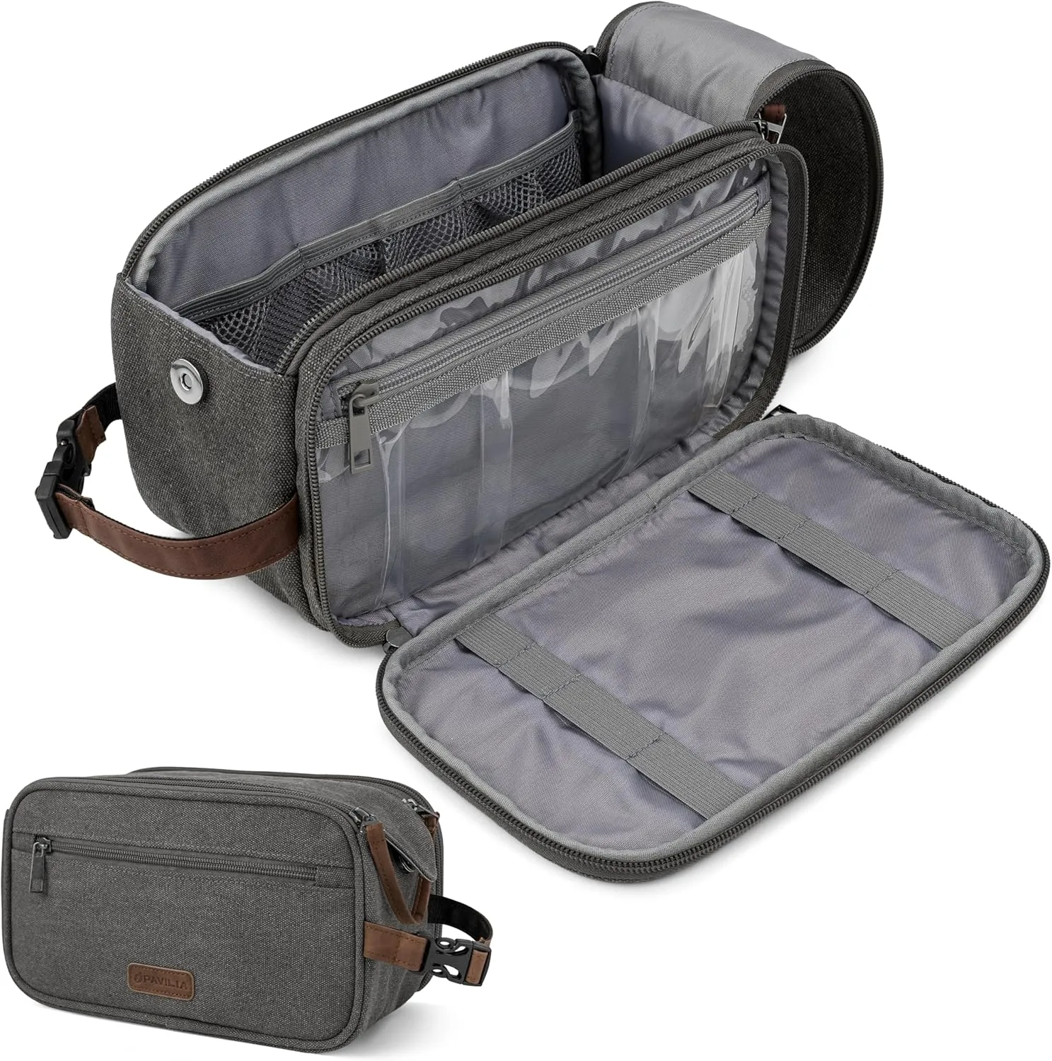 PAVILIA Toiletry Bag for Men Women, Canvas Travel Dopp Kit, Water Resistant Hygiene Bag Toiletries Organizer, Shaving Kit Travel Accessories Bag, Grey