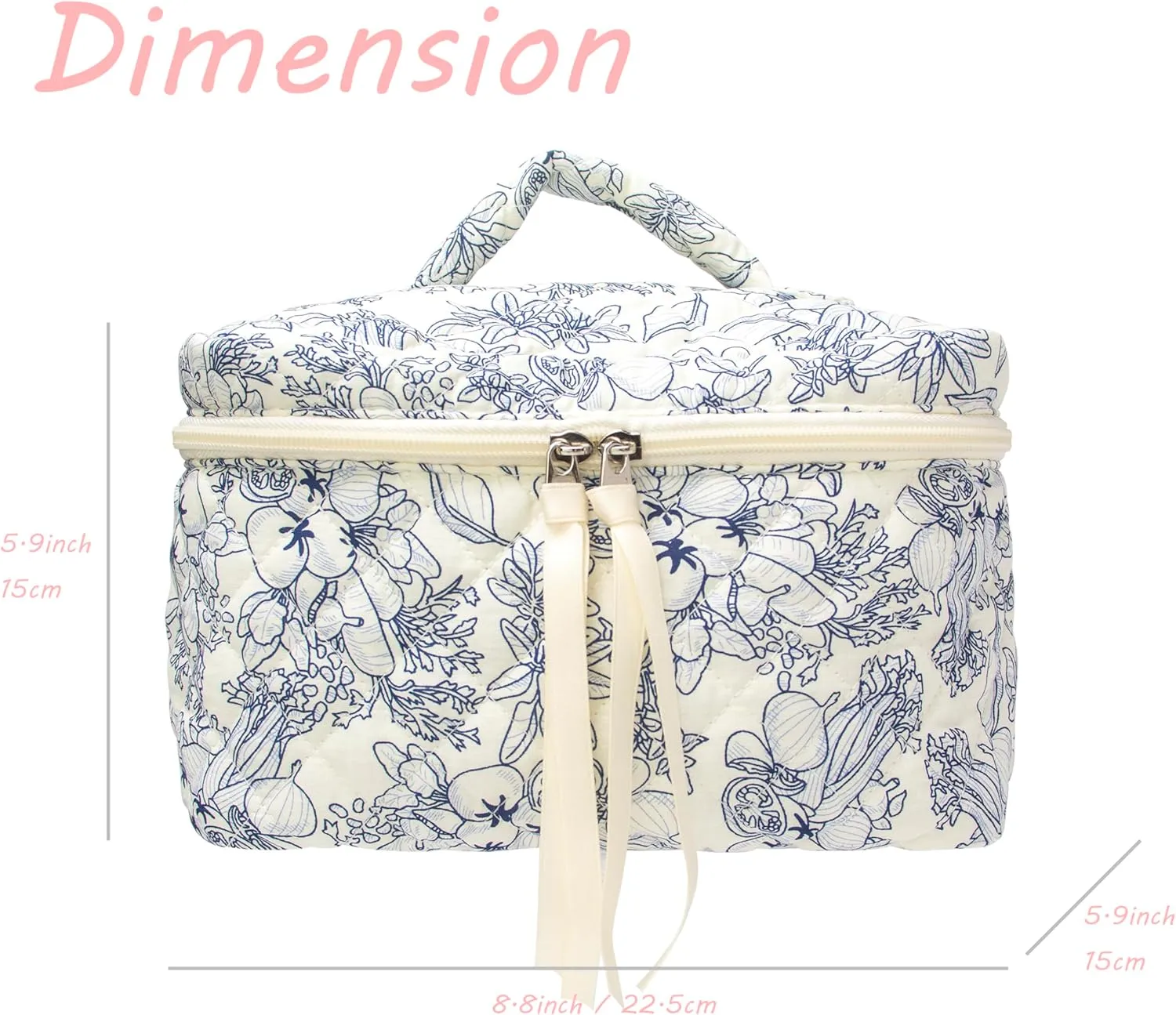 PAZIMIIK Cotton Makeup Bag for Women Large Quilted Travel Cosmetic Case Girls' Make Up Organizer,Flower White