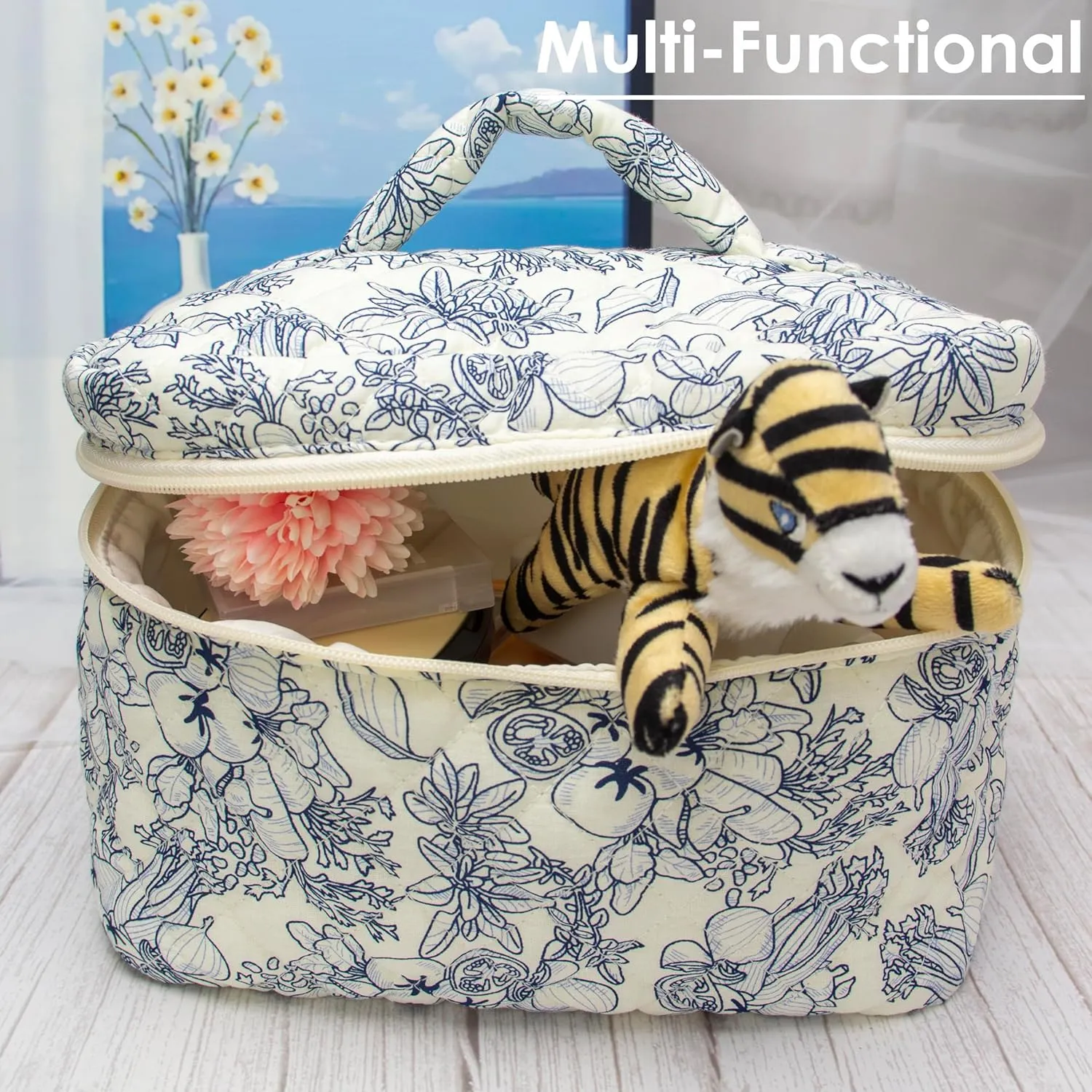 PAZIMIIK Cotton Makeup Bag for Women Large Quilted Travel Cosmetic Case Girls' Make Up Organizer,Flower White