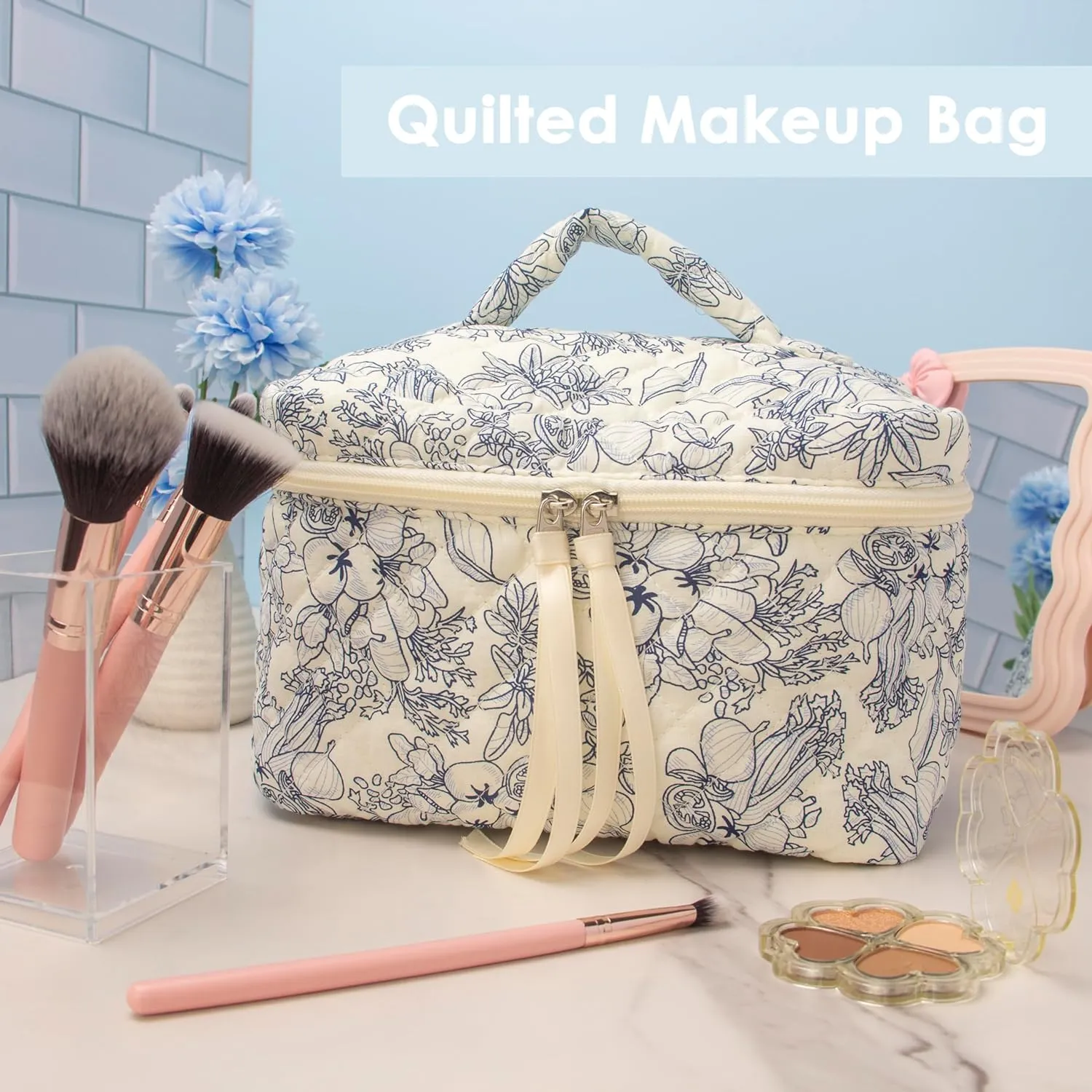 PAZIMIIK Cotton Makeup Bag for Women Large Quilted Travel Cosmetic Case Girls' Make Up Organizer,Flower White