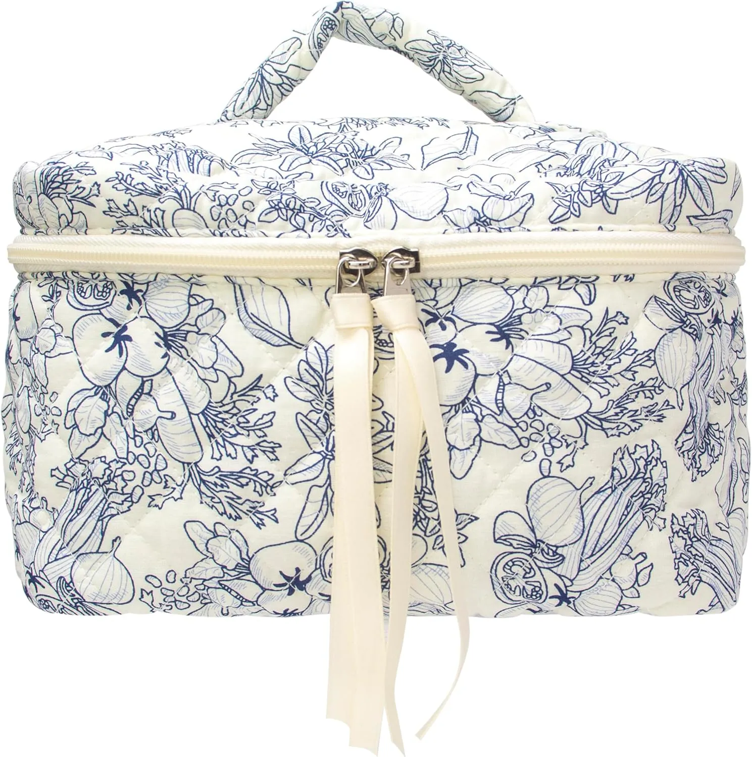 PAZIMIIK Cotton Makeup Bag for Women Large Quilted Travel Cosmetic Case Girls' Make Up Organizer,Flower White