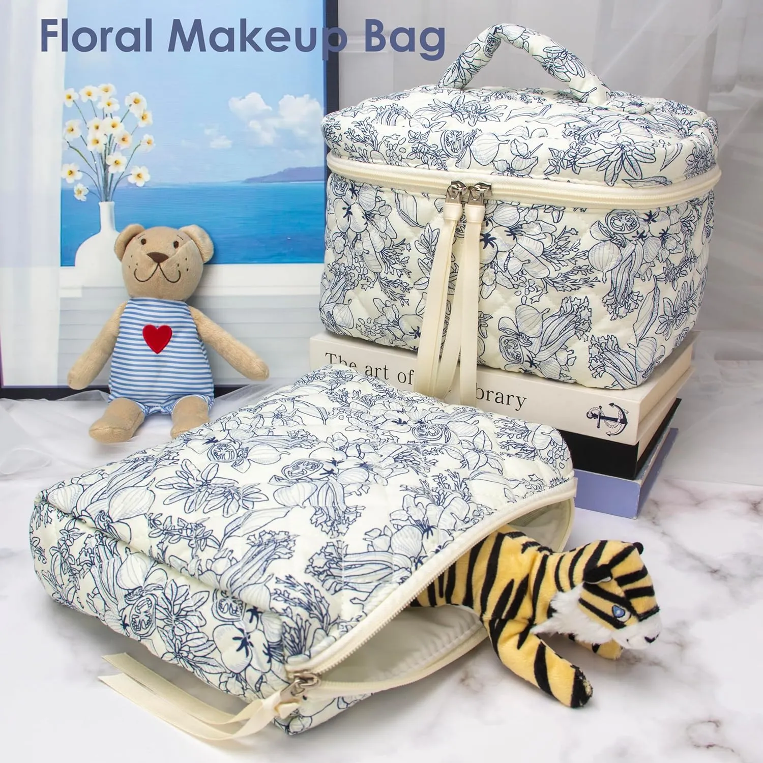 PAZIMIIK Cotton Makeup Bag for Women Large Quilted Travel Cosmetic Case Girls' Make Up Organizer,Flower White