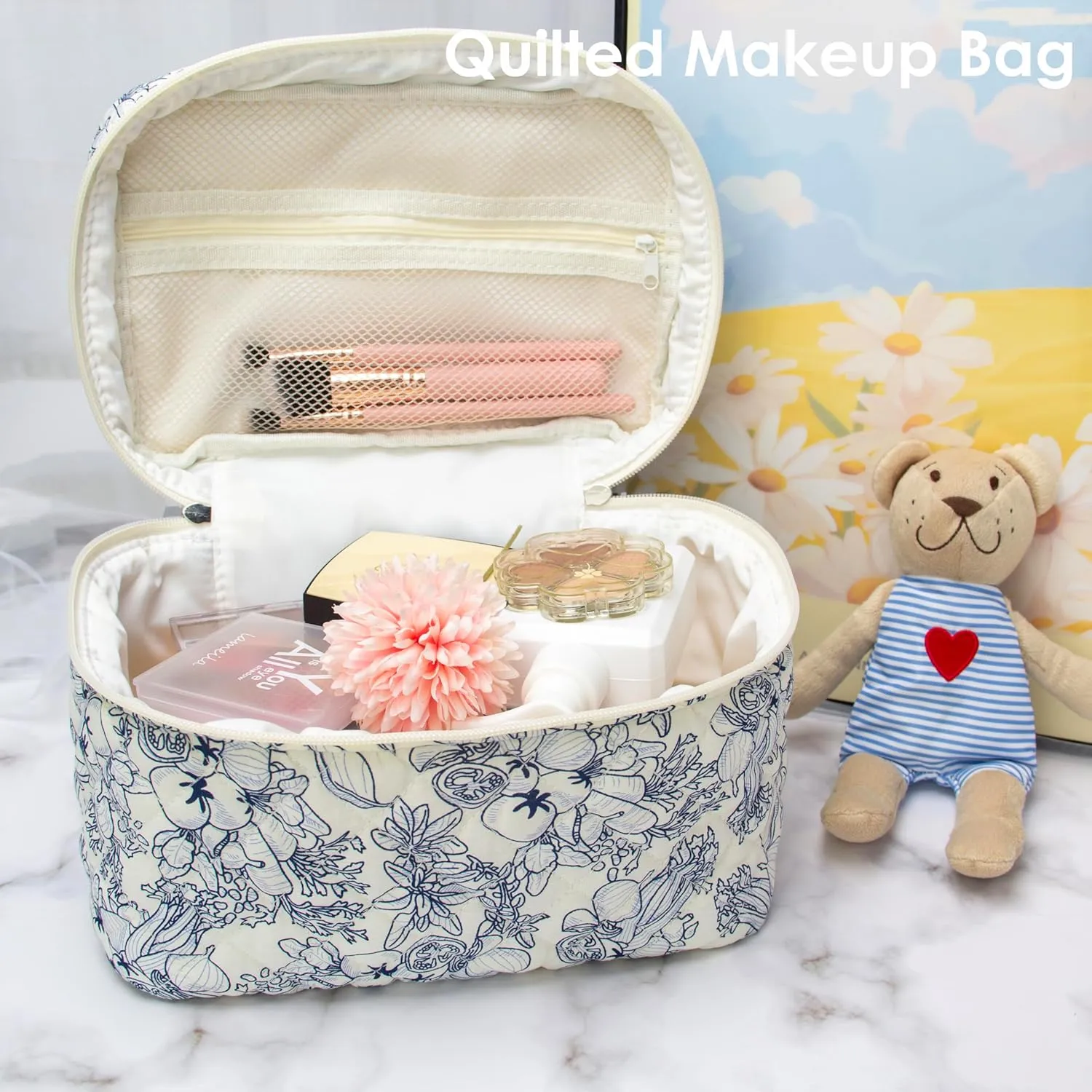 PAZIMIIK Cotton Makeup Bag for Women Large Quilted Travel Cosmetic Case Girls' Make Up Organizer,Flower White