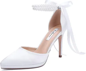 Pearl Heels Wedding Shoes for Bride Closed Toe Bridal Shoes Wedding Party Pumps