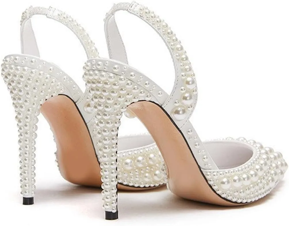 Pearl Slingback Heels for Women, Pointed Closed Toe Slip On Heeled Sandals Stiletto Heel Evening Bridal Shoes for Wedding