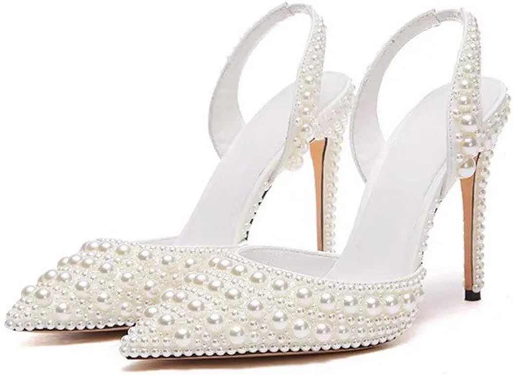 Pearl Slingback Heels for Women, Pointed Closed Toe Slip On Heeled Sandals Stiletto Heel Evening Bridal Shoes for Wedding