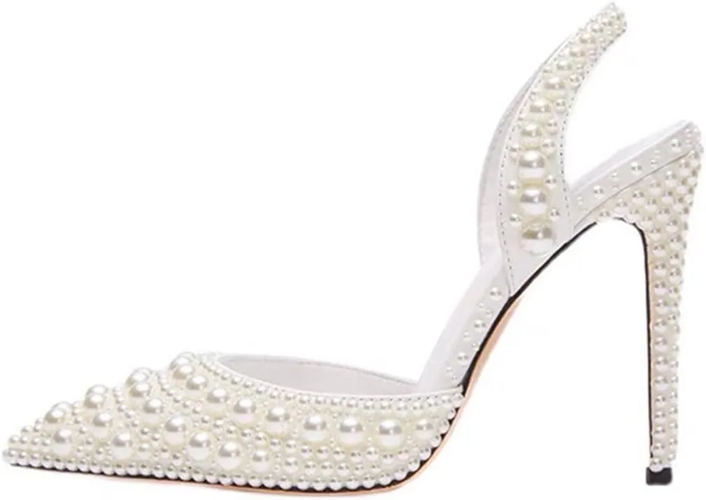 Pearl Slingback Heels for Women, Pointed Closed Toe Slip On Heeled Sandals Stiletto Heel Evening Bridal Shoes for Wedding