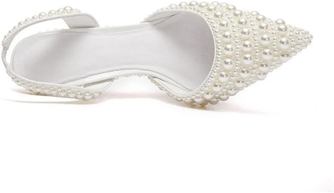 Pearl Slingback Heels for Women, Pointed Closed Toe Slip On Heeled Sandals Stiletto Heel Evening Bridal Shoes for Wedding