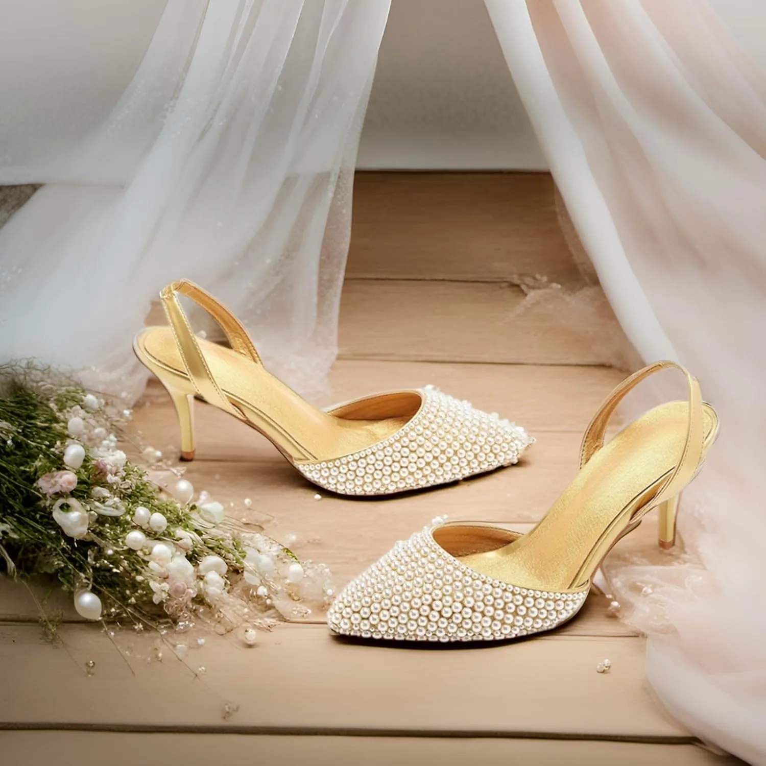 Pearl Slingback Heels for Women, Pointed Closed Toe Slip On Heeled Sandals Stiletto Heel Evening Bridal Shoes for Wedding