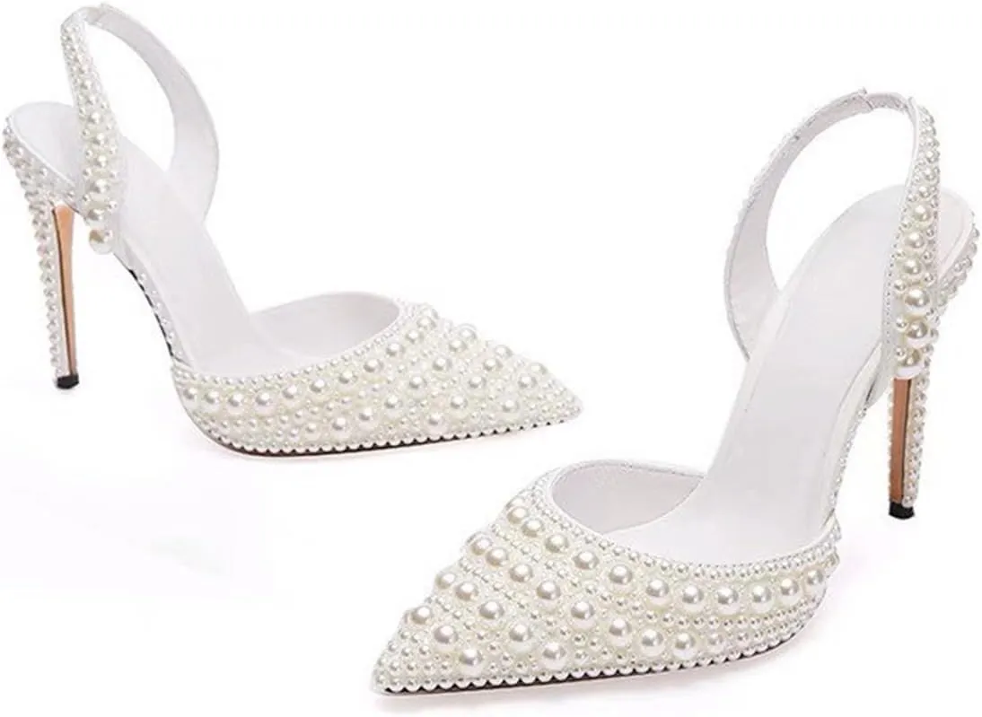 Pearl Slingback Heels for Women, Pointed Closed Toe Slip On Heeled Sandals Stiletto Heel Evening Bridal Shoes for Wedding