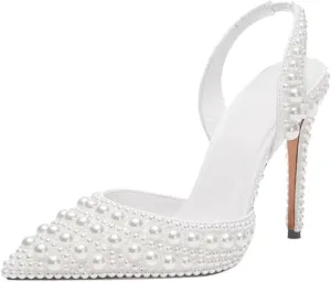 Pearl Slingback Heels for Women, Pointed Closed Toe Slip On Heeled Sandals Stiletto Heel Evening Bridal Shoes for Wedding