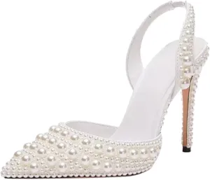 Pearl Slingback Heels for Women, Pointed Closed Toe Slip On Heeled Sandals Stiletto Heel Evening Bridal Shoes for Wedding