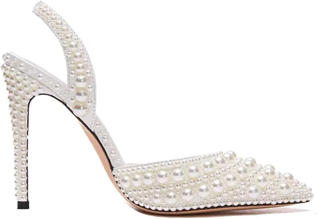 Pearl Slingback Heels for Women, Pointed Closed Toe Slip On Heeled Sandals Stiletto Heel Evening Bridal Shoes for Wedding