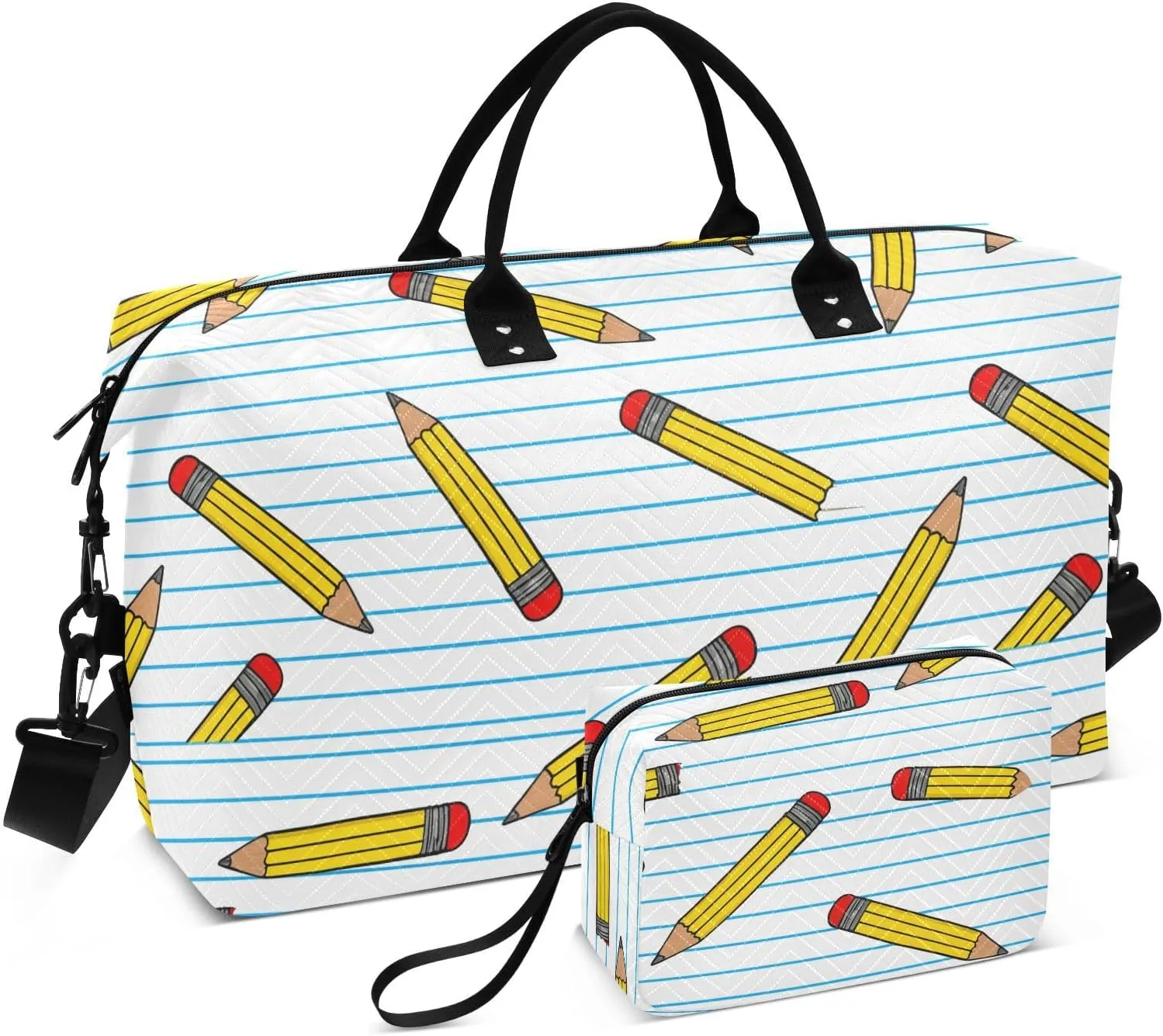 Pencil Stripe Paper White Sports Gym Bag for Women Men Travel Duffel Bag Weekend Overnight Carry on Bag with Toiletry Bag Air Travel Bag for Plane Hospital Swimming Yoga Workout