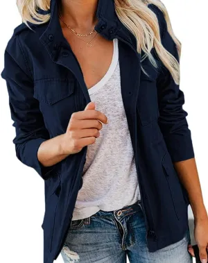 Pepochic Womens Military Jacket Zip Up Snap Buttons Lightweight Utility Anorak Field Safari Coat Outwear