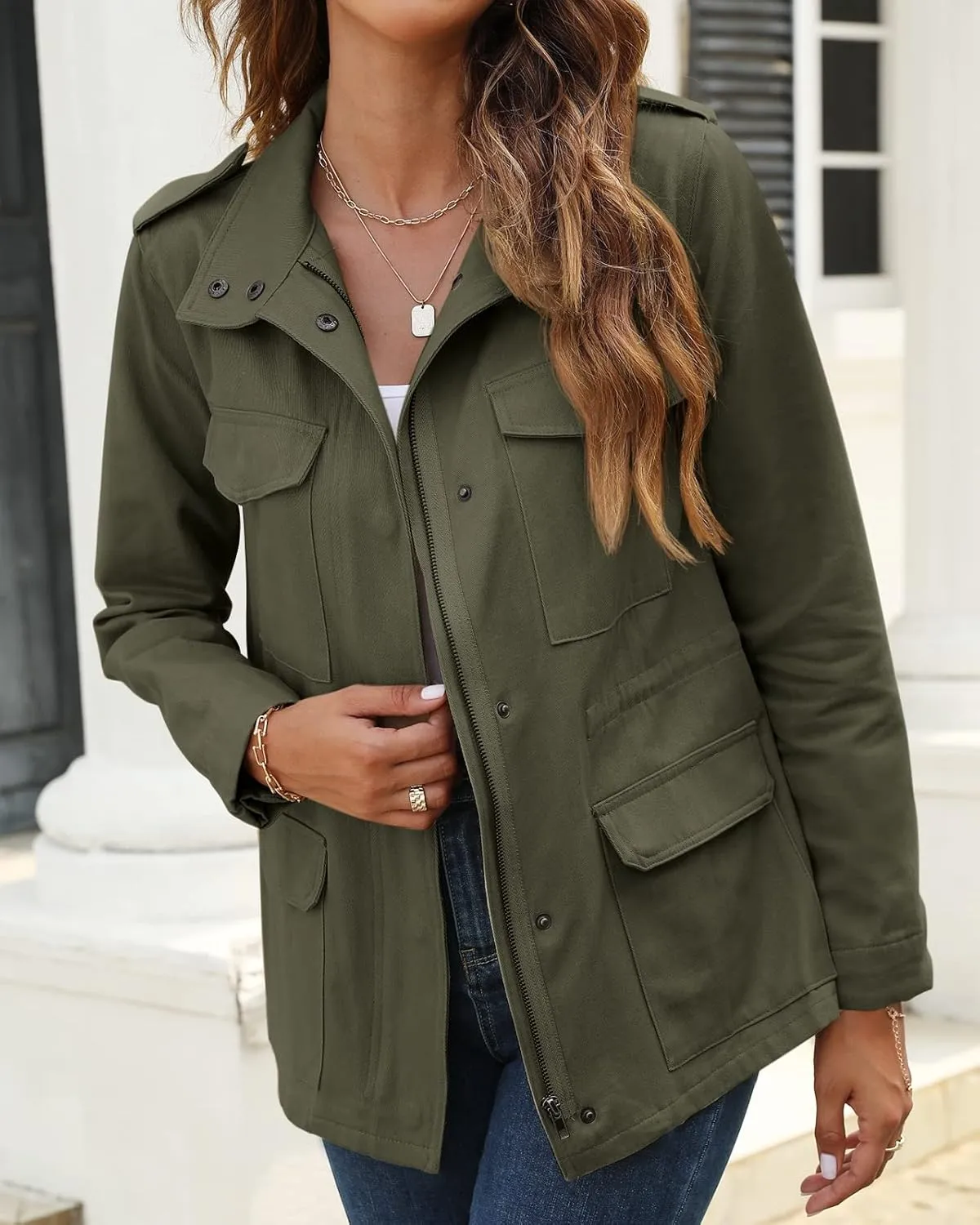 Pepochic Womens Military Jacket Zip Up Snap Buttons Lightweight Utility Anorak Field Safari Coat Outwear