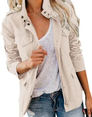 Pepochic Womens Military Jacket Zip Up Snap Buttons Lightweight Utility Anorak Field Safari Coat Outwear